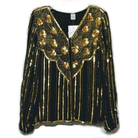 NWT VINTAGE Deadstock Silk Gold Beaded Jacket M - Picture 1 of 9